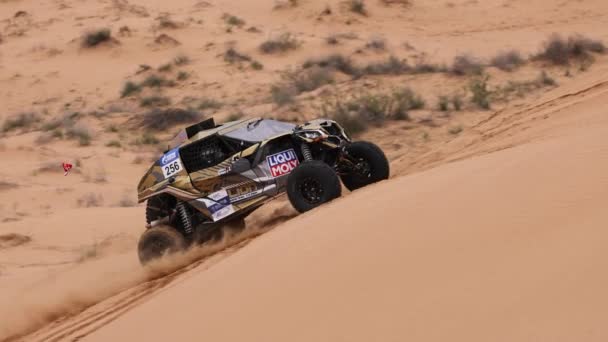 Sport auto voor Off Road Extreme Racing krijgt over het moeilijke deel van de route tijdens de Rally inval in het zand. De Goud van Kagan-2021. slow motion 120 fps. 25.04.2021 Astrachan, Rusland — Stockvideo