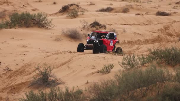 Sport bil för Off Road Extreme Racing får över den svåra delen av rutten under Rally räden i sand. KAGANS GULD-2021. slow motion 120 fps. 25.04.2021 Astrakhan, Ryssland — Stockvideo