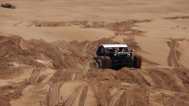Sport car for Off Road Extreme Racing gets over the difficult part of the route during the Rally raid in sand. THE GOLD OF KAGAN-2021. slow motion 120 fps. 25.04.2021 Astrakhan, Russia — Stock Video