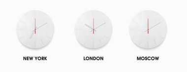 Zaman dilimleri için farklı şehirler için şık beyaz saat seti. Beyaz arkaplanda beyaz saat