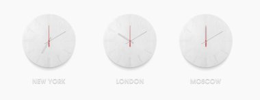 Zaman dilimleri için farklı şehirler için şık beyaz saat seti. Beyaz arkaplanda beyaz saat