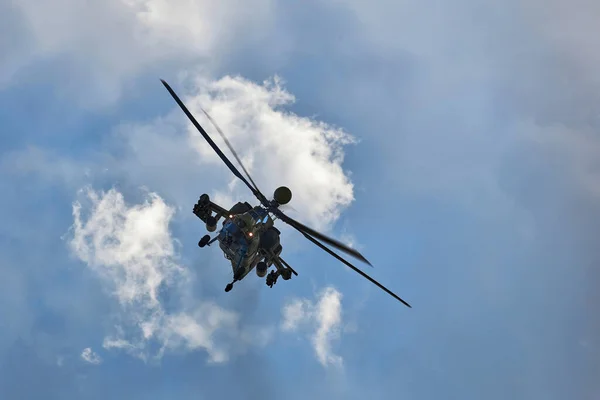 Mil Mi-28 Mi-28NM, codification of NATO: Havoc. Russian all-weather, day-night, military tandem, two-seat anti-armor attack helicopter on MAKS 2019 airshow. ZHUKOVSKY, RUSSIA, AUGUST 27, 2019 — Stock Photo, Image