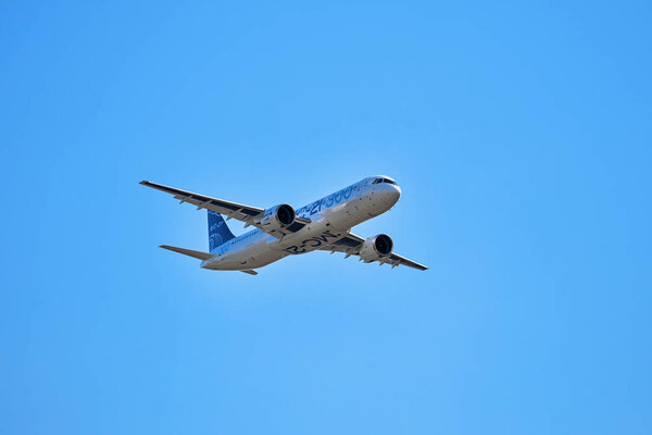 New Russian passenger aircraft MS-21-300 flying prototype of a new Russian civil airliner during test flights on MAKS 2019 airshow. ZHUKOVSKY, RUSSIA, AUGUST 27, 2019