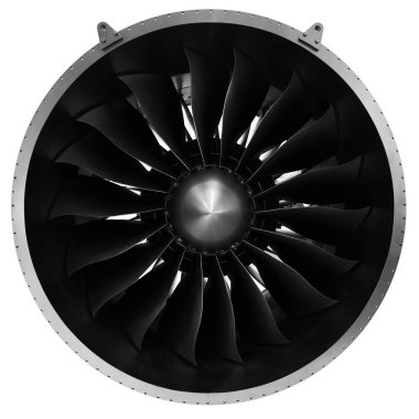 Modern turbofan motoru. Beyaz zemin üzerinde uçağın turbo jetini kapatın.