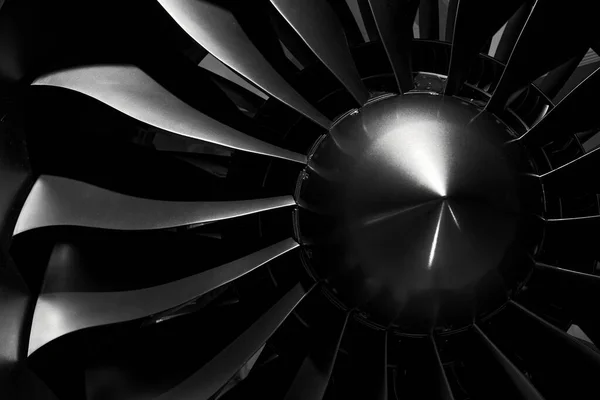 Motore Turbofan Moderno Primo Piano Turbojet Aerei Sfondo Nero Pale — Foto Stock