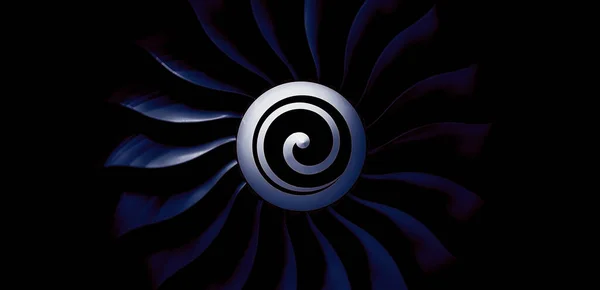 Motor turboventilador moderno. primer plano de turborreactor de aviones sobre fondo negro. palas del motor turbofán de la aeronave — Foto de Stock