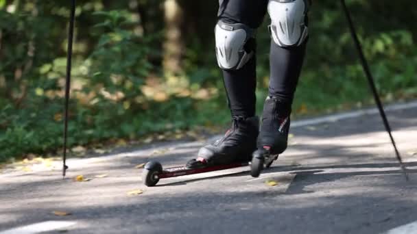 Een atleet trainen op de rolschaatsers. Biatlonrit op de rolski 's met skistokken. Training tussen de seizoenen op Rollerski 's in het park. Trage beweging 120 fps video. 28.08.2021, regio Moskou — Stockvideo