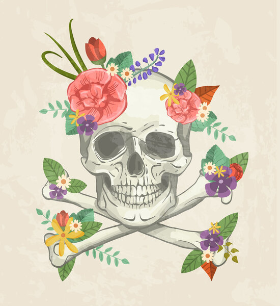 Ручной рисунок черепа с цветами
