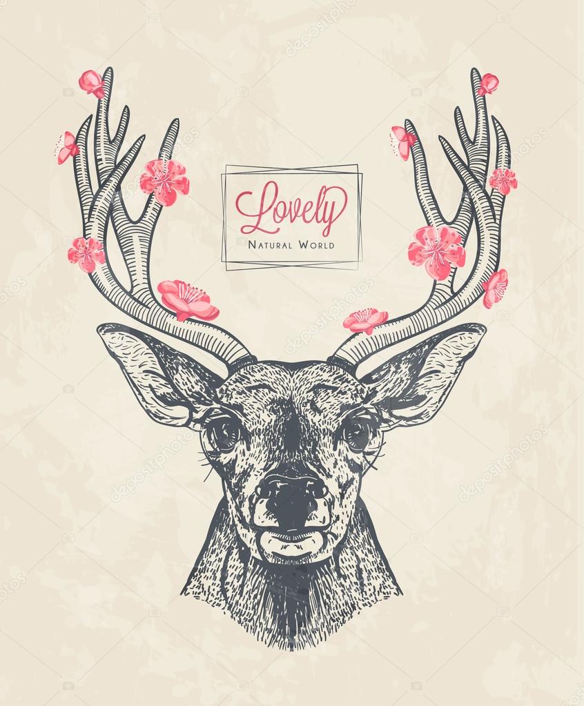 Hand drawn deer head with flowers