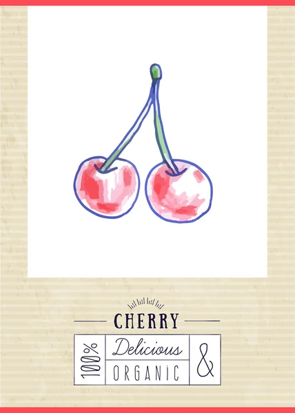 葡萄酒标签与手工绘制的樱桃 — 图库矢量图片