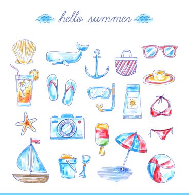 parlak elle çizilmiş beach simgeler kümesi