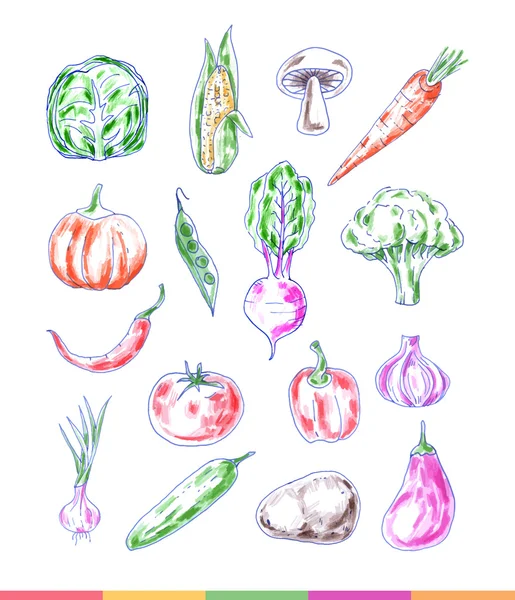 Ensemble de légumes lumineux dessinés à la main — Image vectorielle