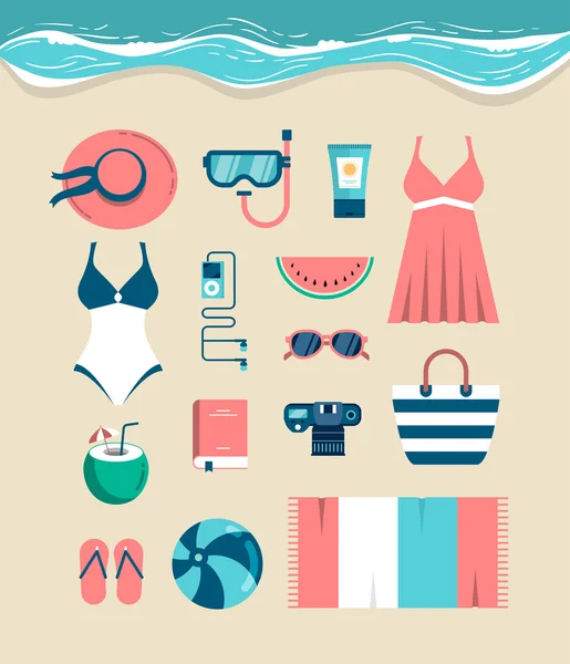 Bel ensemble d'essentiels de plage — Image vectorielle