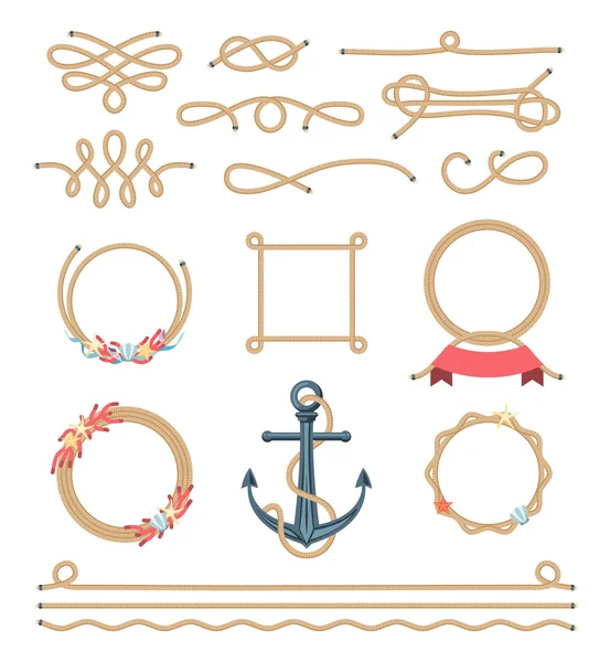 Set of beautiful elements made of nautical rope — Stock Vector