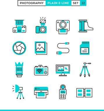 Fotoğraf, düz ve satır Icons set, düz tasarım