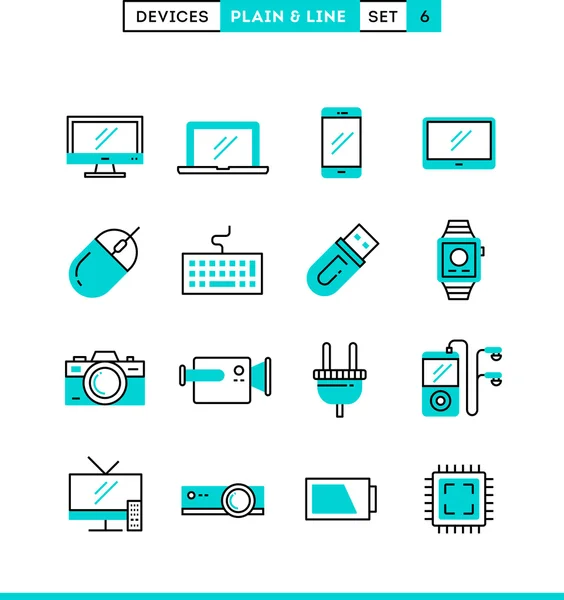 Conjunto de iconos de línea y llano de dispositivos, diseño plano — Vector de stock