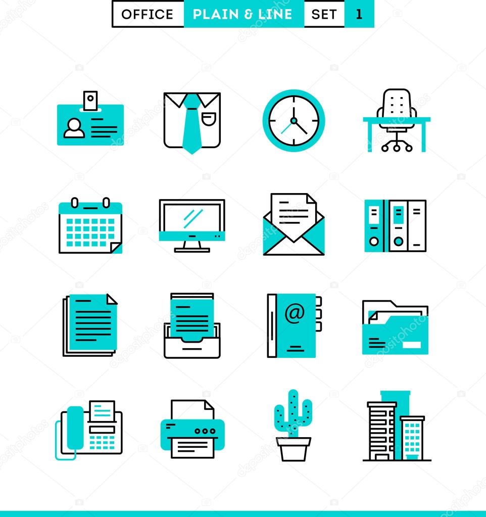 Office things plain and line icons set, flat design