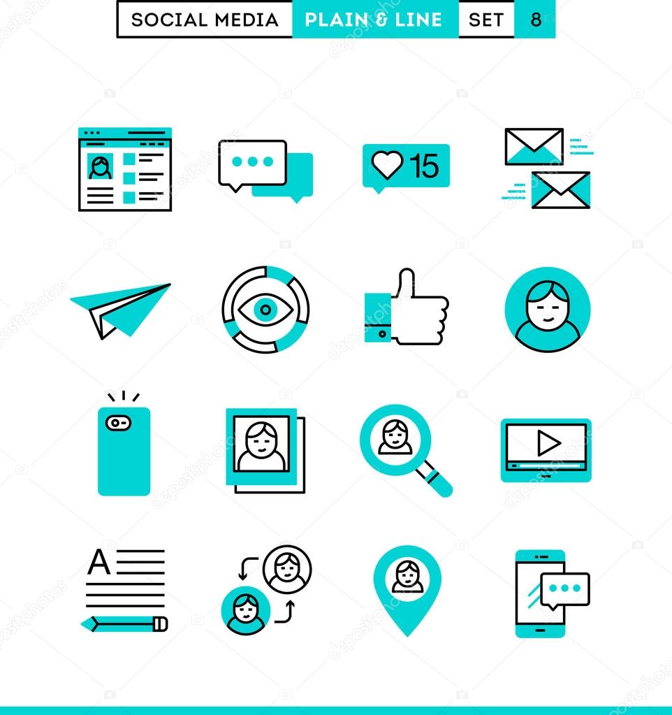 Social media, plain and line icons set, flat design