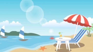 Boş plaj sandalyesi ve güneş şemsiyesi turistleri mavi denizin, güzel okyanus dalgalarının ve mavi gökyüzünün önünde bekliyor. Güzel sahil tatil köyü. Yüksek çözünürlüklü canlandırılmış klip.