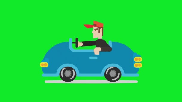 Анимация Мультяшного Человека Рулем Автомобиля Зеленым Фоном — стоковое видео