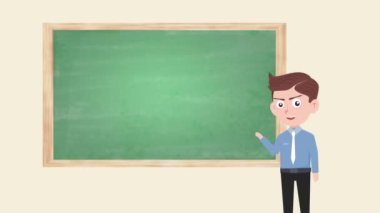 2D flat cartoon animation of professor teaching in classroom. Clip in high resolution.