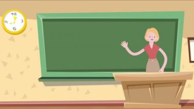 Woman instructor explaining something on chalkboard. Cartoon video clip in High resolution.