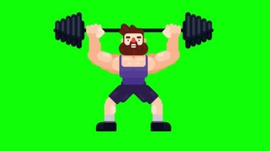 Adam ağırlık çalışıyor ve halter kaldırıyor. Sağlıklı yaşam tarzı, spor ve aktivite. Yeşil ekran arkaplan ile düz tasarım animasyon video klibi. 