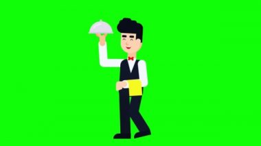 A young waiter delivering delicious dishes on a plate. Catering service. Flat design cartoon animation video clip.