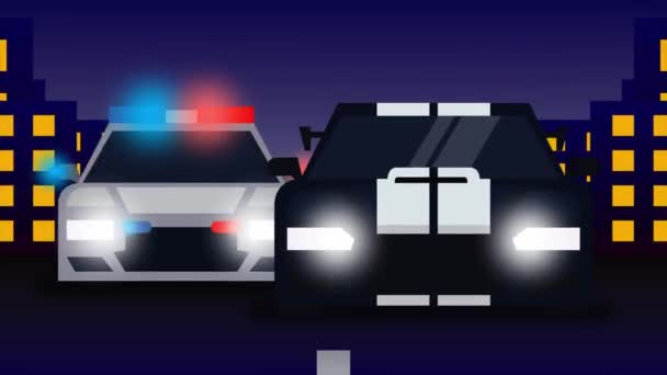警车的动画 在夜间追捕犯罪车辆 高清晰度剪贴 — 图库视频影像