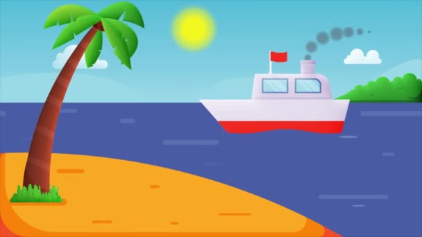 Animation White Steam Ship Blue Sea Background Sky Clouds Sun — Stock Video