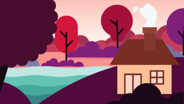 小さな木の家と熱帯の山のアニメーション 高解像度でのフラットデザインビデオクリップ — ストック動画
