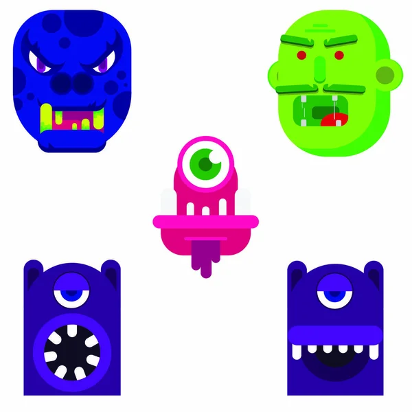 Monstergesichter Flachen Design Vektor Illustration Set Von Kreatur Gesichter — Stockvektor