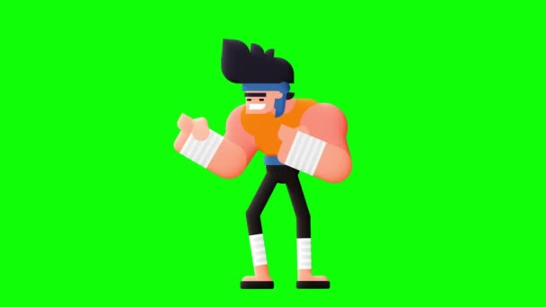 Dövüş Karakteri Yumruk Bacak Kaldırma Animasyonu Yeşil Arka Planda Erkek — Stok video