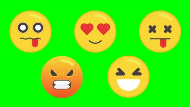 Animación Caras Sonrientes Expresando Diferentes Sentimientos Sobre Fondo Verde Emojis — Vídeos de Stock