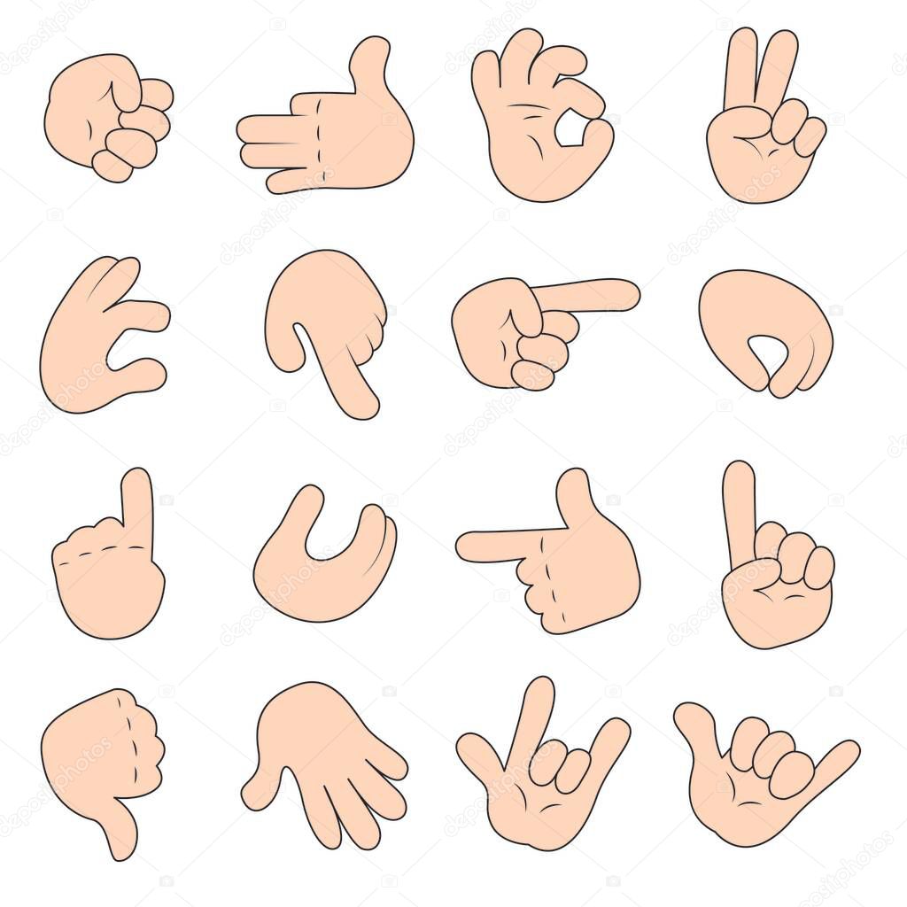 Cartoon hands set in different gestures. Hands show signs. Different hand positions, Isolated on white background. Vector illustration icon set.