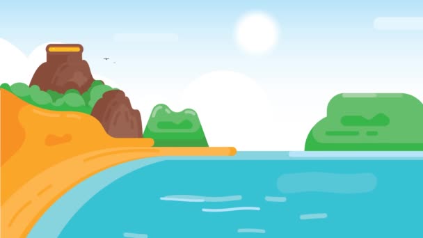 夏季热带海滩 有火山山 海滨风景 平面卡通动画视频 — 图库视频影像