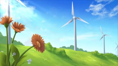 Güneşli gökyüzünün altında dönen rüzgar türbinleri olan yeşil tepeler. Turuncu çiçekler ön planda sallanıyor. Eko, sürdürülebilirlik veya yenilenebilir enerji projeleri için animasyon tarzı animasyon. Kusursuz döngü, 4K.