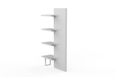 Ekran standı, ürünler için perakende satış standı, beyaz arkaplanda izole edilmiş ekran duruyor. 3d illüstrasyon