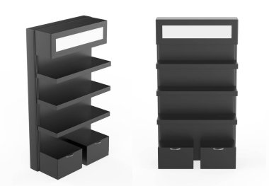Ekran standı, ürünler için perakende satış standı, beyaz arkaplanda izole edilmiş ekran duruyor. 3d illüstrasyon