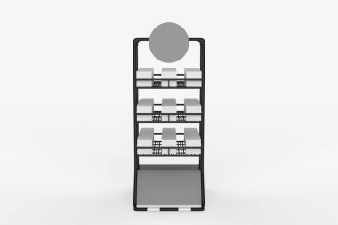 Ekran standı, ürünler için perakende satış standı, beyaz arkaplanda izole edilmiş ekran duruyor. 3d illüstrasyon