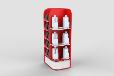 Ekran standı, ürünler için perakende satış standı, beyaz arkaplanda izole edilmiş ekran duruyor. 3d illüstrasyon