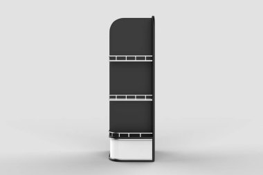 Ekran standı, ürünler için perakende satış standı, beyaz arkaplanda izole edilmiş ekran duruyor. 3d illüstrasyon