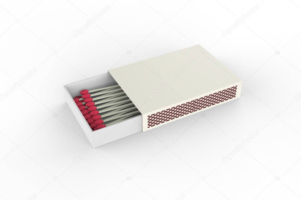 Matchbox with red matches isolated on white background. 3d illustration