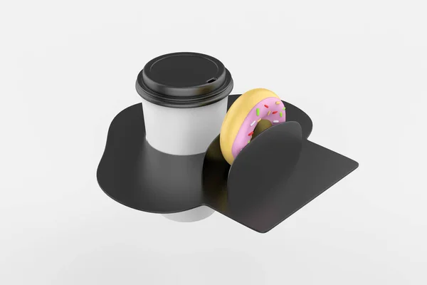 ホルダーモックアップのドーナツとコーヒーカップは 白い背景を隔離しました 3Dイラスト — ストック写真