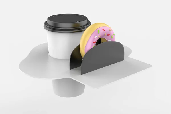 咖啡杯与甜甜圈在Holder Mockup孤立的白色背景 3D说明 — 图库照片
