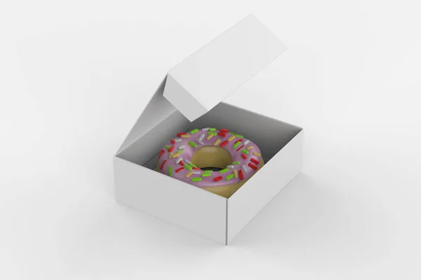 甜甜圈上涂着五颜六色的糖霜 顶部铺着洒水 放在纸盒里 在白色的背景上隔离 3D说明 — 图库照片