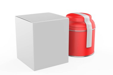 Beyaz arkaplanda karton etiketli ve kutulu saklama kavanozu. 3d illüstrasyon 