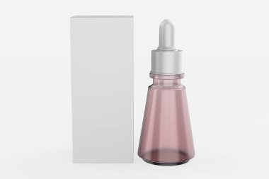 Gerçekçi indirme şişesi. Sıvı ilaç için kozmetik boş şişeler. Renkli parlak ve Matt kapaklı şeffaf şişe şablonu. Model paketi beyaz arkaplanda izole edildi. 3d illüstrasyon 