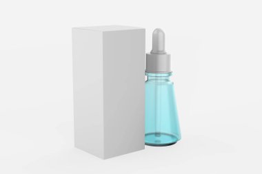 Gerçekçi indirme şişesi. Sıvı ilaç için kozmetik boş şişeler. Renkli parlak ve Matt kapaklı şeffaf şişe şablonu. Model paketi beyaz arkaplanda izole edildi. 3d illüstrasyon 