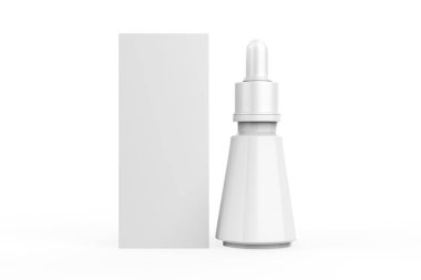 Gerçekçi indirme şişesi. Sıvı ilaç için kozmetik boş şişeler. Renkli parlak ve Matt kapaklı şeffaf şişe şablonu. Model paketi beyaz arkaplanda izole edildi. 3d illüstrasyon 